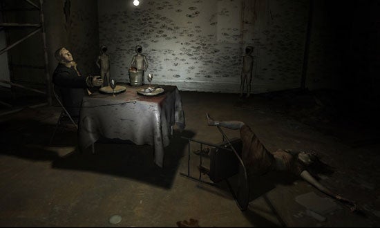Screenshot from the video game Condemned: Criminal Origins showing a dark, eerie room with mannequins, a knocked over chair, and a figure lying on the floor which suggests a tense and mysterious in-game atmosphere.