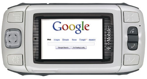 T-Mobile Sidekick II smartphone displaying Google homepage on its screen.