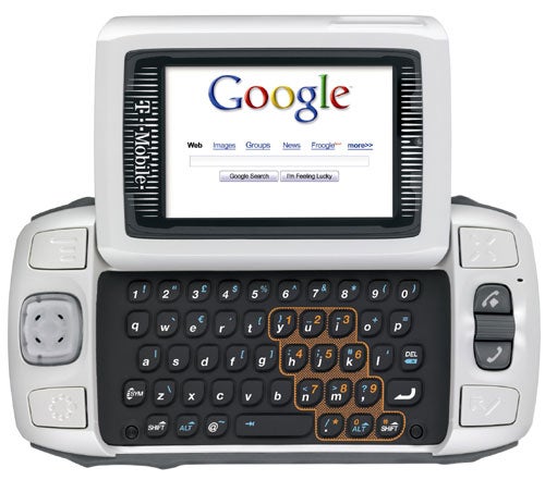 T-Mobile Sidekick II device with the screen displaying the Google homepage and a full QWERTY keyboard visible.
