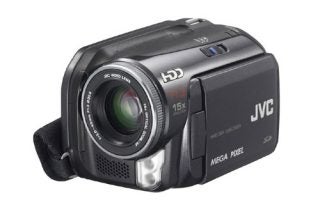 JVC GZ-MG50EK digital camcorder with a 15x optical zoom lens, compact black body, and attached wrist strap displayed against a white background.