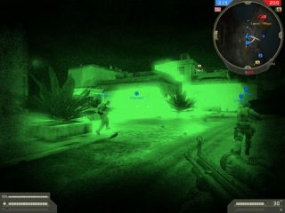 Screenshot from the video game Battlefield 2: Special Forces showing a first-person view of a night operation with soldiers wearing night vision goggles, HUD elements indicating health and ammunition, and a mini-map at the top-right corner.