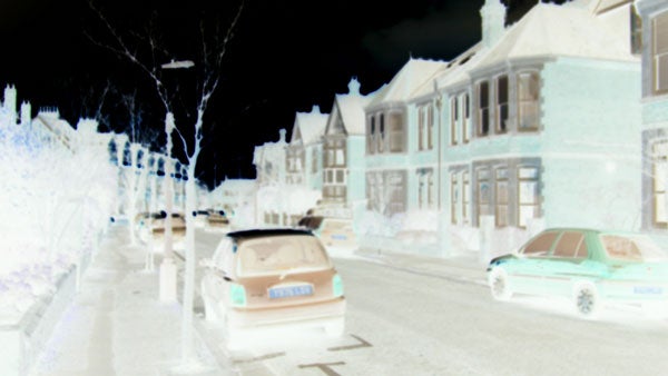 Inverted colors effect on street scene photographed by Samsung Digimax L55W.
