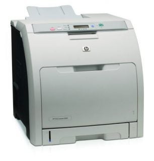 HP Color LaserJet 3000 printer with a light gray exterior and control panel on the top front.