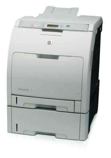 HP Color LaserJet 3000 printer on a white background, showcasing its grey and white exterior, paper trays, and control panel.