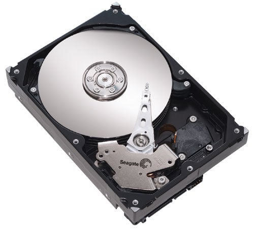 Seagate Barracuda 7200.9 500GB Hard Drive with top cover removed to show internal components including the platter, spindle, and read/write arm.