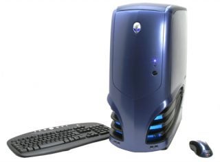 Alienware Aurora 7500 gaming PC with blue case alongside a matching keyboard and mouse