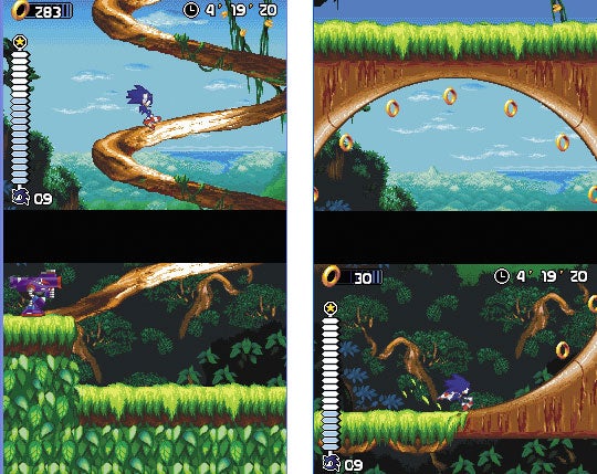 Four-panel screenshot compilation from the video game Sonic Rush showing Sonic the Hedgehog in various stages of gameplay, with in-game timers, score displays, and ring counters visible on the screens.