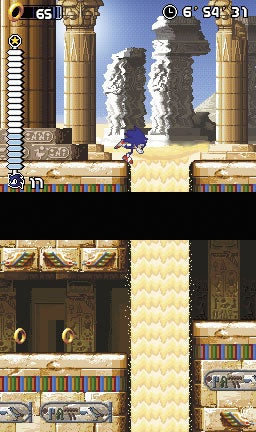 Screenshot of Sonic Rush gameplay showing Sonic character in the middle of a jump in an Ancient Egyptian themed level with hieroglyphs and columns on Nintendo DS dual screens.