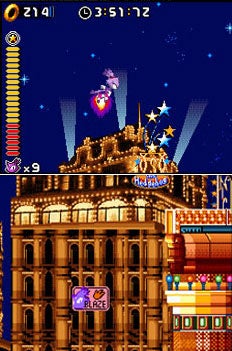 Screenshot of Sonic Rush gameplay showing Sonic the Hedgehog jumping between platforms with a time of 3:51:72 on the clock and a score of 214 displayed on the Nintendo DS's dual screens.