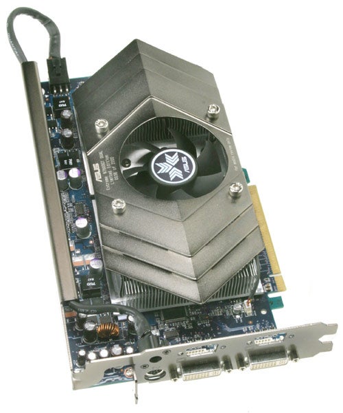 ASUS Extreme Dual N7800GT graphics card with a large cooling unit and ASUS logo on the fan, multiple capacitors visible, and a VGA, DVI, and video out ports on the bracket.