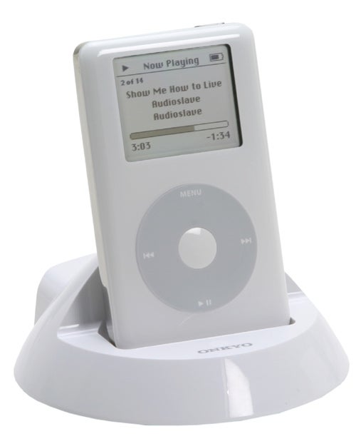 White Onkyo DS-A1 Interactive Remote Dock with a digital music player docked and displaying a song on its screen.