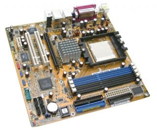 Asus A8N-VM CSM motherboard on a white background, showing CPU socket, RAM slots, expansion slots, chipset with heatsink, and various connectors for peripherals and power.