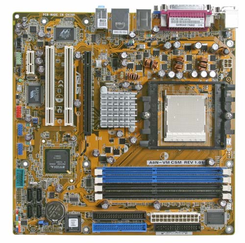 Asus A8N-VM CSM motherboard with socket 939, two DDR RAM slots, PCI-Express, and PCI slots, along with integrated chipset heatsink, rear panel ports, and various connectors.