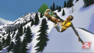 Character performing a trick in Amped 3 snowboarding video game.