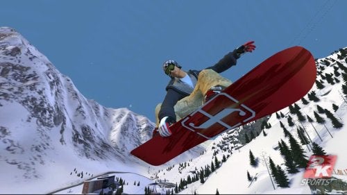 Character snowboarding in Amped 3 video game.