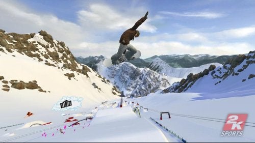 Snowboarder performing a trick in Amped 3 video game.
