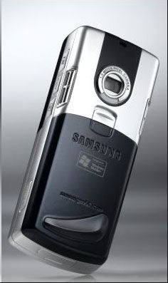 Samsung i300 smartphone with a sliding design, showcasing its numeric keypad and camera, with the Samsung logo visibly branded on the front.