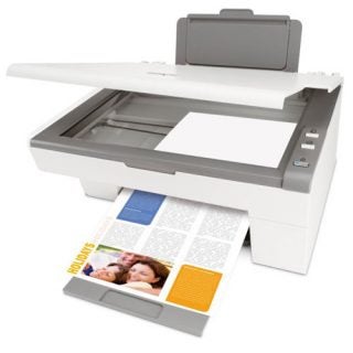 Lexmark X2350 Multi-Function Printer with an open scanner lid and a colorful document on the output tray.