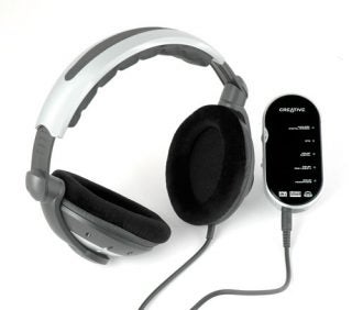 Creative HQ-2300D Dolby headphones with detachable audio control unit on a white background.