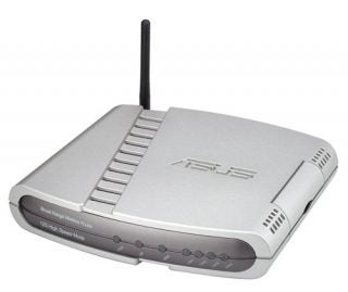 Asus WL-550gE wireless router on a white background with visible antenna and front panel LEDs and buttons.