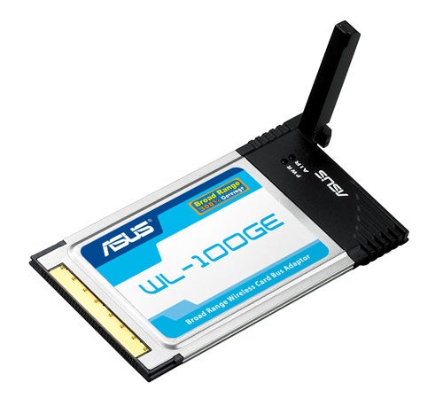 Asus WL-100gE Wireless Cardbus Adapter with a single antenna on a white background.