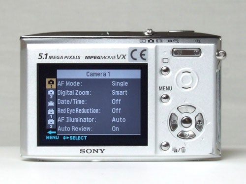 Sony Cyber-shot DSC-T5 camera with menu displayed on screen.