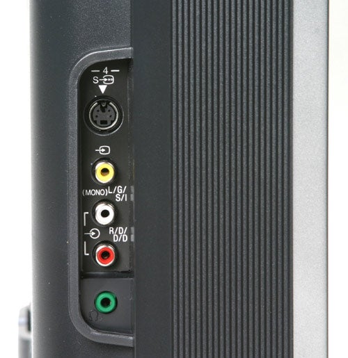 Close-up view of the Sony Bravia KDLS40A12U television showing its side AV input panel with various ports including S-Video, audio, and video connectors.