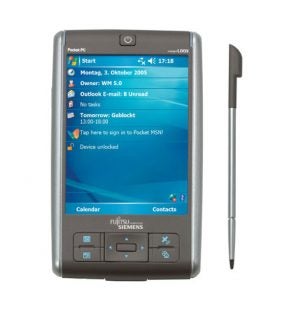 Fujitsu Siemens Pocket LOOX N520 handheld device with stylus, displaying the main screen with calendar, contacts, and email applications.