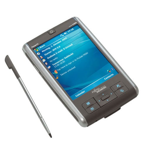 Fujitsu Siemens Pocket LOOX N520 PDA with stylus and Navigon Mobile Navigator 5 software on screen.