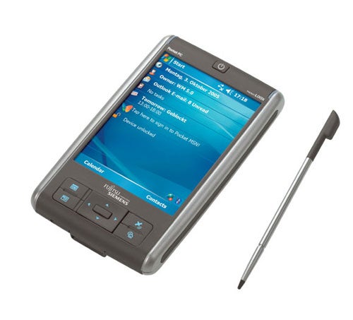 Fujitsu Siemens Pocket LOOX N520 PDA with stylus and display showing Navigon Mobile Navigator 5 interface.