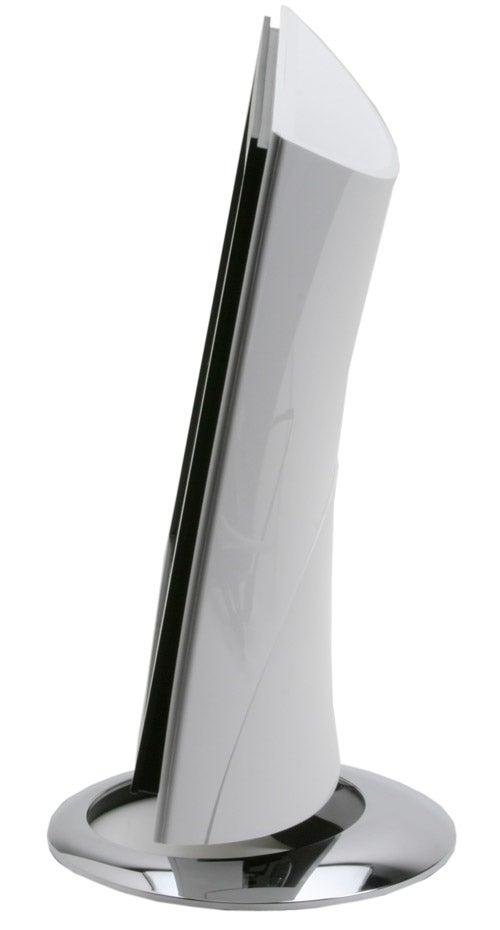 Side view of the LG Flatron M1910A LCD TV/Monitor showing its sleek white design and reflective circular base.