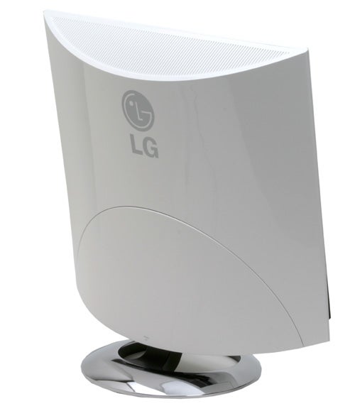LG Flatron M1910A LCD TV/Monitor with a distinctive curved back design, displaying the LG logo on the front bezel, mounted on a circular base.