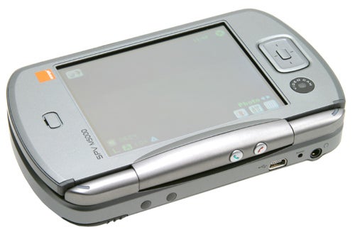 Orange SPV M5000 smartphone placed on a neutral background, showcasing its silver body, display screen, and side buttons.