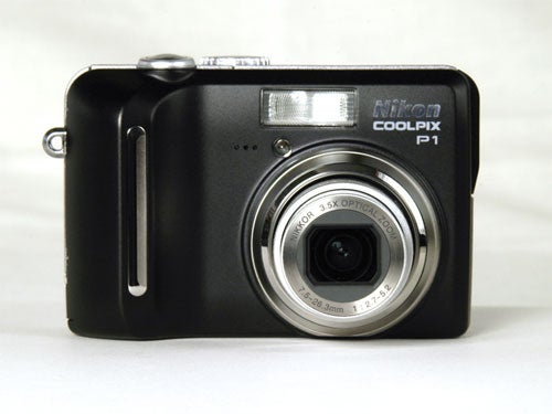 Nikon CoolPix P1 Wi-Fi compact digital camera with a 3.5x optical zoom lens, on a white background.