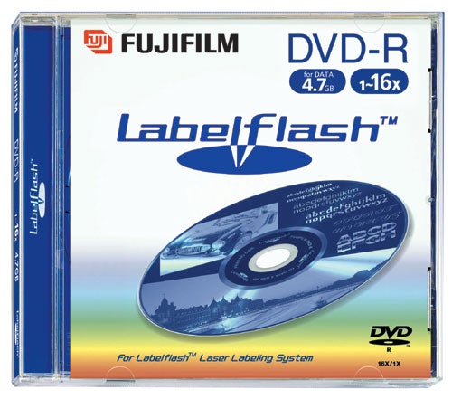 Fujifilm DVD-R disc with LabelFlash technology packaging, showcasing disc labeling capabilities with a sample image on the disc.