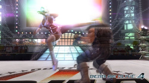 "Screenshot from the video game Dead or Alive 4, showing two characters in mid-fight inside an arena with bright lighting and a crowd in the background."