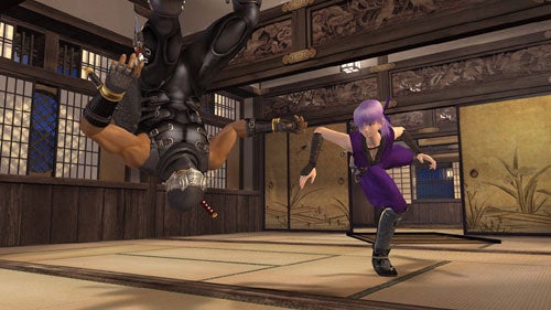 A screenshot from the video game Dead or Alive 4 showing two characters in a combat scene, one character in a black outfit is flipping through the air while the other character with purple hair is preparing to attack, all set in a traditional Japanese dojo environment.