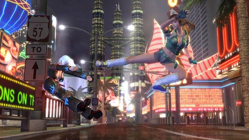 Screenshot from Dead or Alive 4 showing two characters engaged in a mid-air battle with a brightly lit virtual cityscape in the background.