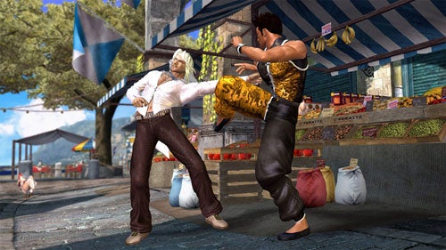 Screenshot of two characters fighting in the game Dead or Alive 4, with a market scene in the background.