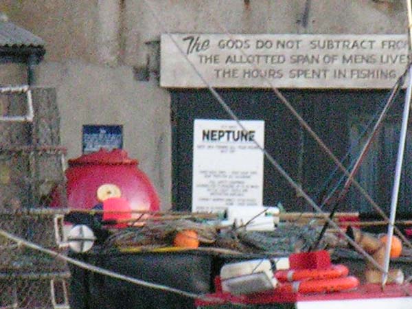 A photograph demonstrating the zoom capability of the Nikon CoolPix 8800, featuring a blurred image of a fishing boat's stern loaded with gear, with a sign reading 