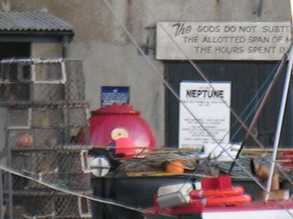 Photograph captured with Nikon CoolPix 8800 displaying a blurry image of fishing equipment and signs with visible text, illustrating potential camera focus issue or user error.