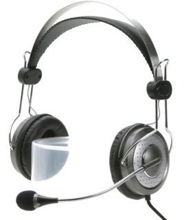 Genius HS-04SU headset with noise-canceling microphone and volume control, featuring padded ear cups and adjustable headband.