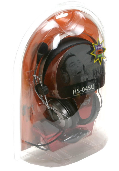 Genius HS-04SU headset packaged in a clear plastic case with a visible microphone and volume control, including a graphic indicating a 4.5-star customer rating.
