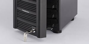 Close-up of a Buffalo Technology TeraStation Pro 1.0 TB network-attached storage device with keys in the lock.