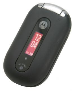 Motorola PEBL phone with a black outer shell and a red-lit digital display showing the time 