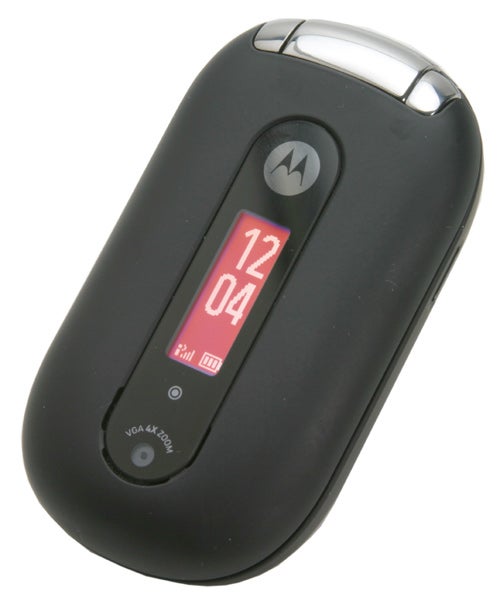 Motorola PEBL phone with a black outer shell and a red-lit digital display showing the time "12:04."