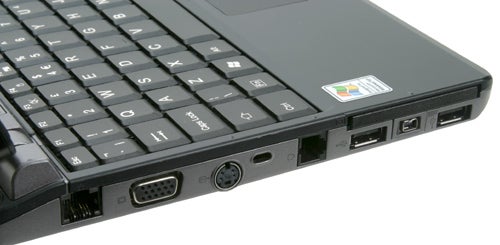 Close-up view of the Fujitsu-Siemens Lifebook P7120 laptop's side ports, including USB, Ethernet, modem, and VGA connectors.