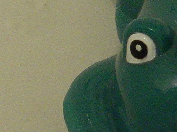 Close-up image of a green rubber duck's head showing a detailed texture and water droplets, possibly taken with the Pentax Optio WPi waterproof camera to demonstrate its macro photography capabilities in a wet environment.