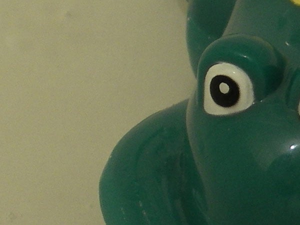 Close-up image of a green rubber duck taken underwater with the Pentax Optio WPi waterproof camera, showing the camera's ability to capture images in aquatic environments.
