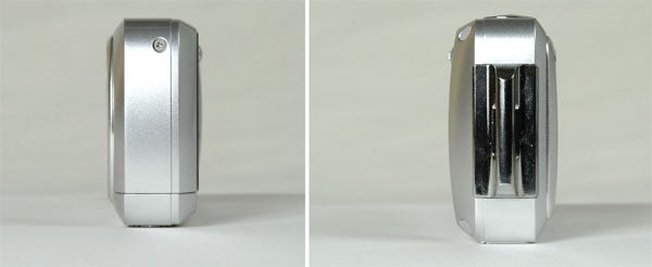 Two side-by-side images of the silver Pentax Optio WPi waterproof camera, showing its slim profile from the side and its lens cover when closed from the front.